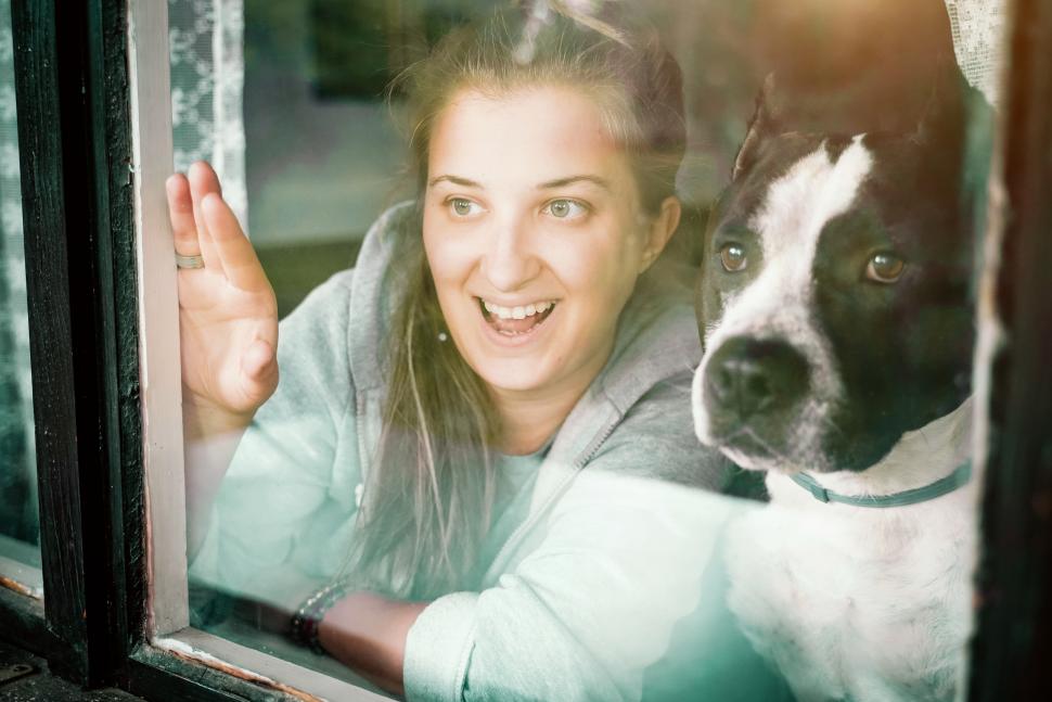 Pet sitter and dog watching pet parent from window