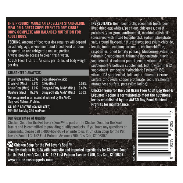 Grain Free Wet Dog Food - Beef & Legumes Recipe Stew (back label)