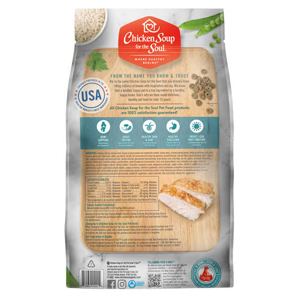 Classic Mature Dog Dry Food - Chicken, Turkey & Brown Rice Recipe (back of bag)