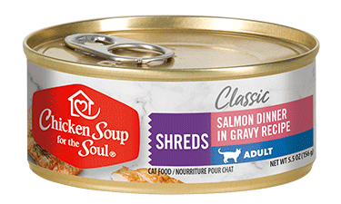 Chicken Soup for the Soul Classic Salmon Dinner in Gravy Recipe Adult Cat Food - Shreds (front of can)