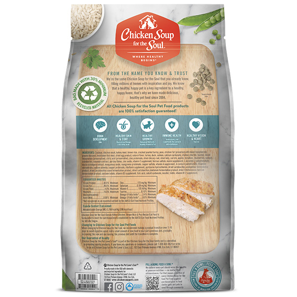 Classic Kitten Dry Food - Chicken, Brown Rice & Pea Recipe (back of bag)
