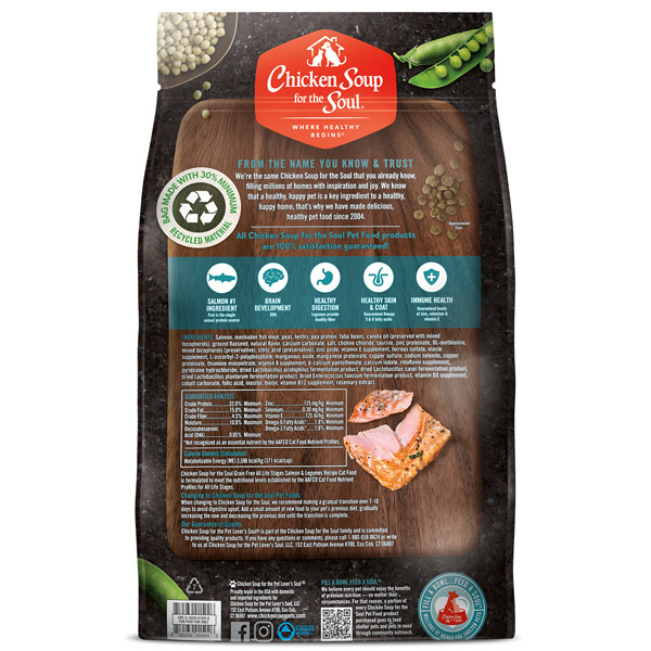 Grain Free Cat Food - Salmon & Legumes Recipe (back of bag)