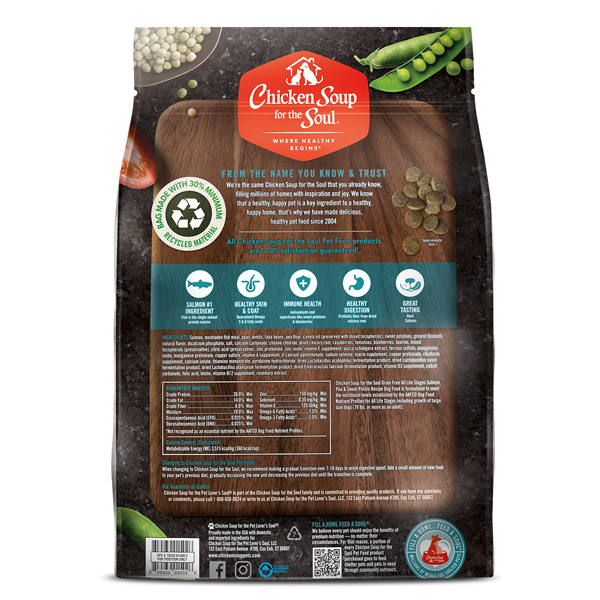 Grain Free Dog Food - Salmon, Pea & Sweet Potato Recipe (back of bag)