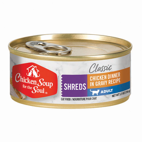 Classic Adult Cat Wet Food - Chicken Dinner in Gravy Recipe Shreds (front of can)