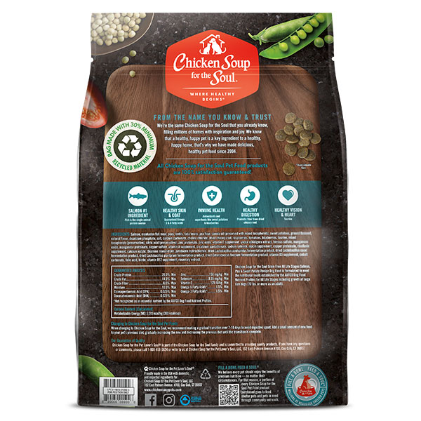 Grain Free Dog Food - Salmon, Pea & Sweet Potato Recipe (back of bag)