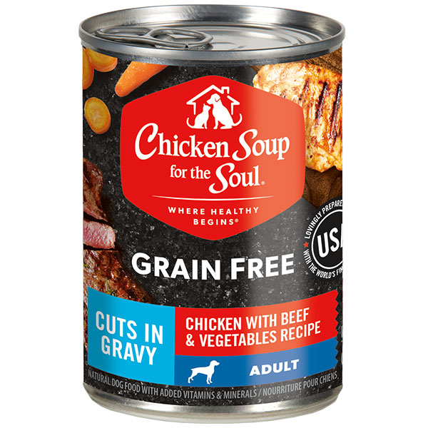 Grain Free Adult Wet Dog Food - Chicken with Beef & Vegetables Recipe - Cuts in Gravy - front of can
