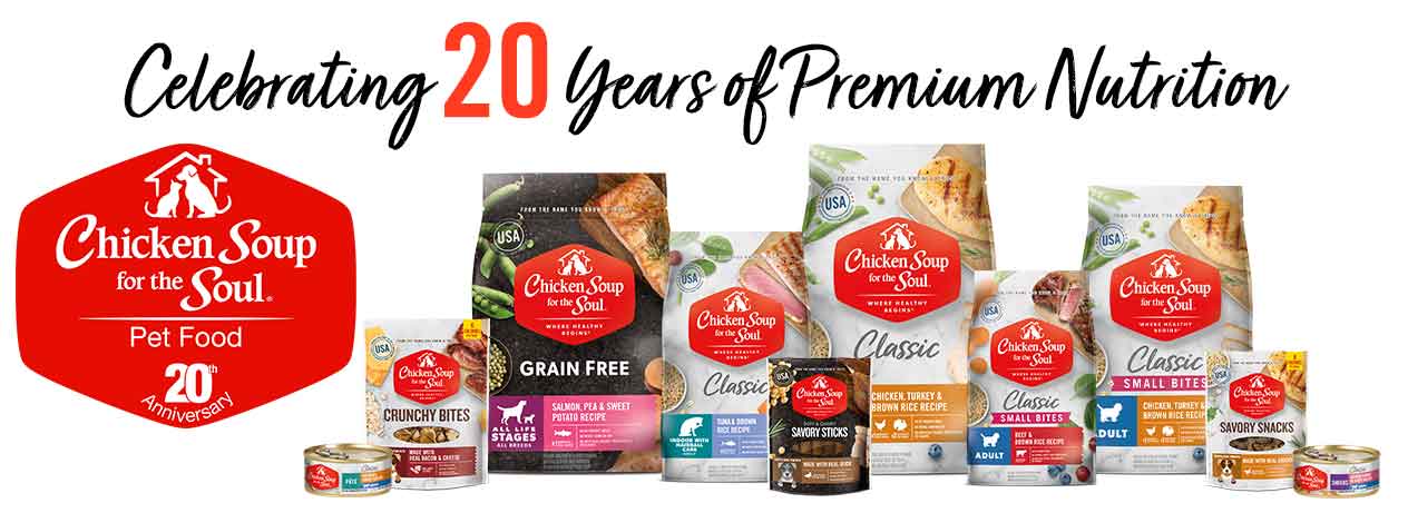 Celebrating 20 years of premium nutrition: bags of Chicken Soup for the Soul dog food and cat food