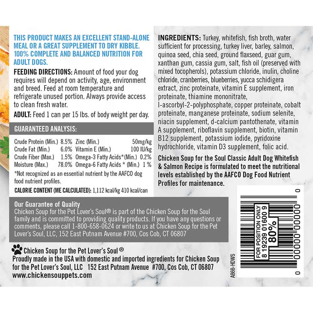 Classic Wet Dog Food - Whitefish & Salmon Pâté (back of can)