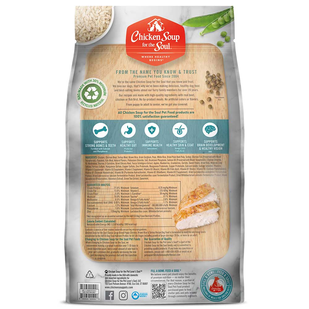 Classic Large Breed Puppy Natural Dry Dog Food - Chicken, Brown Rice & Turkey Recipe (back of bag)