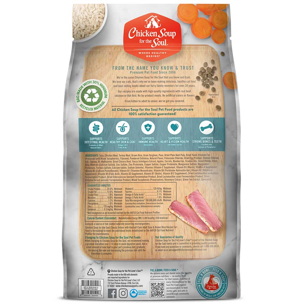 Classic Indoor with Hairball Care Adult Dry Cat Food - Tuna & Brown Rice Recipe (back of bag)