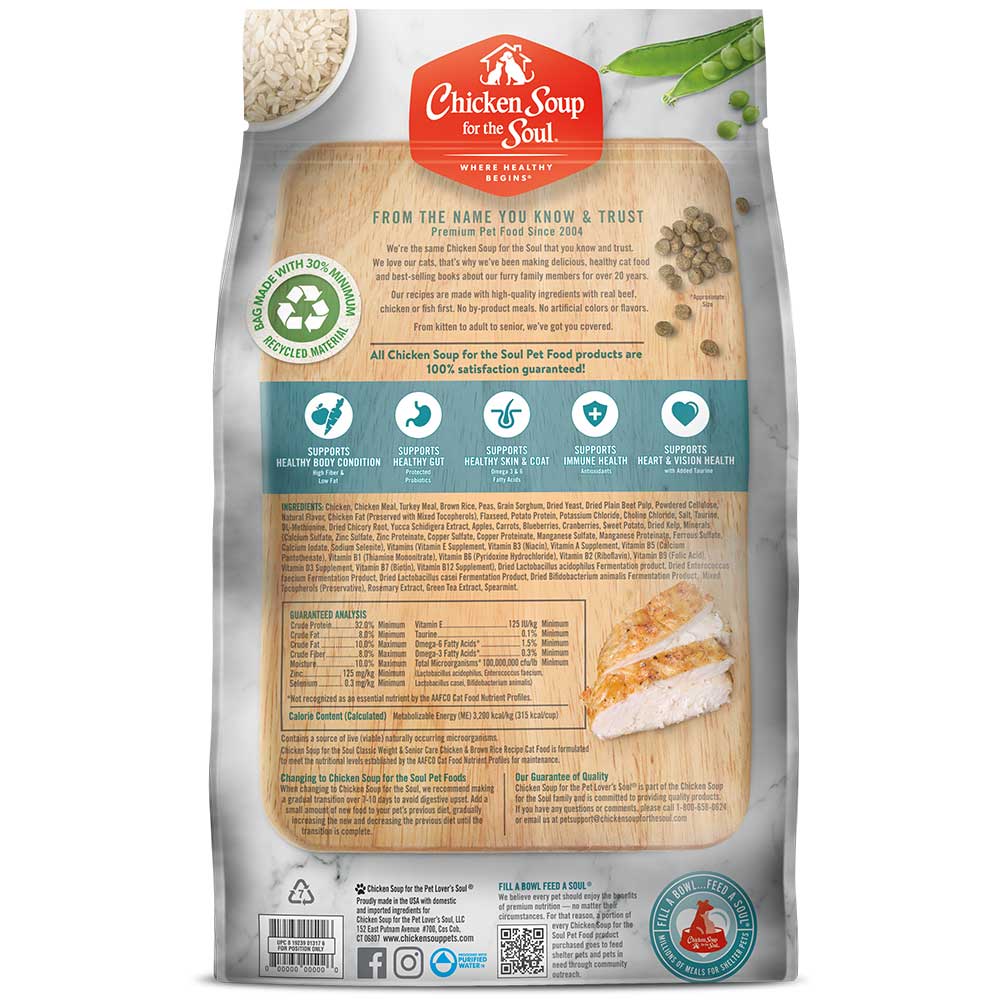 Classic Weight & Senior Care Dry Cat Food - Chicken & Brown Rice Recipe (back of bag)