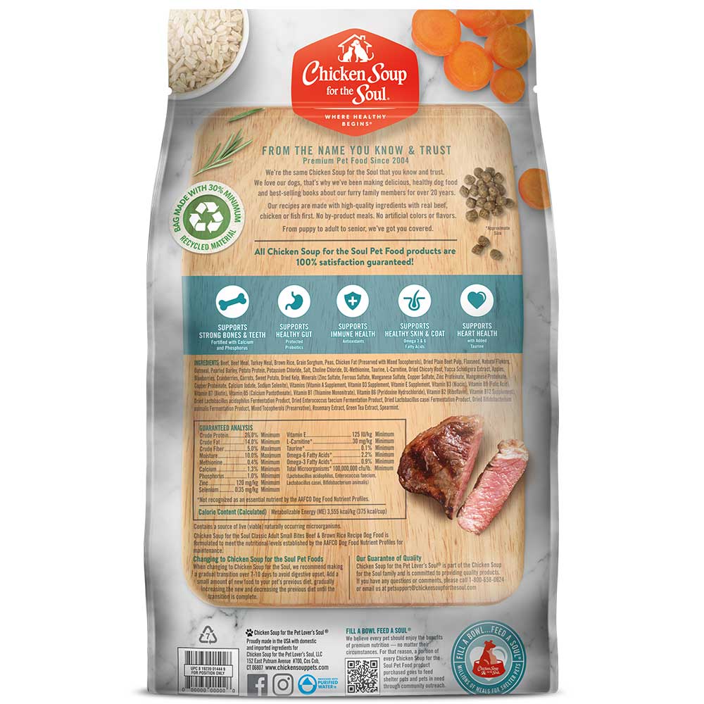 Classic Small Bites Adult Dry Dog Food - Beef & Brown Rice Recipe (back of bag)