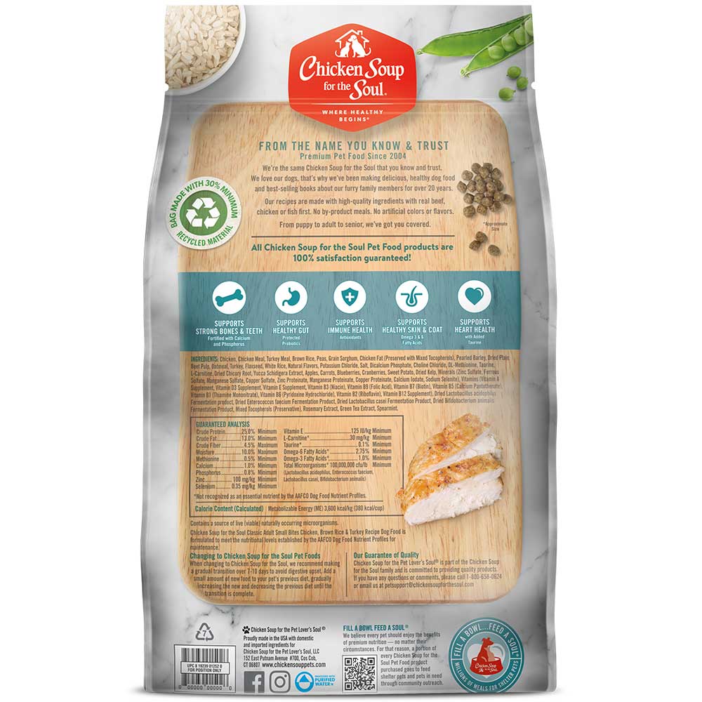 Classic Small Bites Adult Dry Dog Food - Chicken, Brown Rice & Turkey Recipe (back of bag)