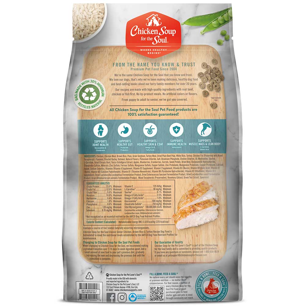 Classic Senior Natural Dry Dog Food - Chicken, Brown Rice & Turkey Recipe (back of bag)