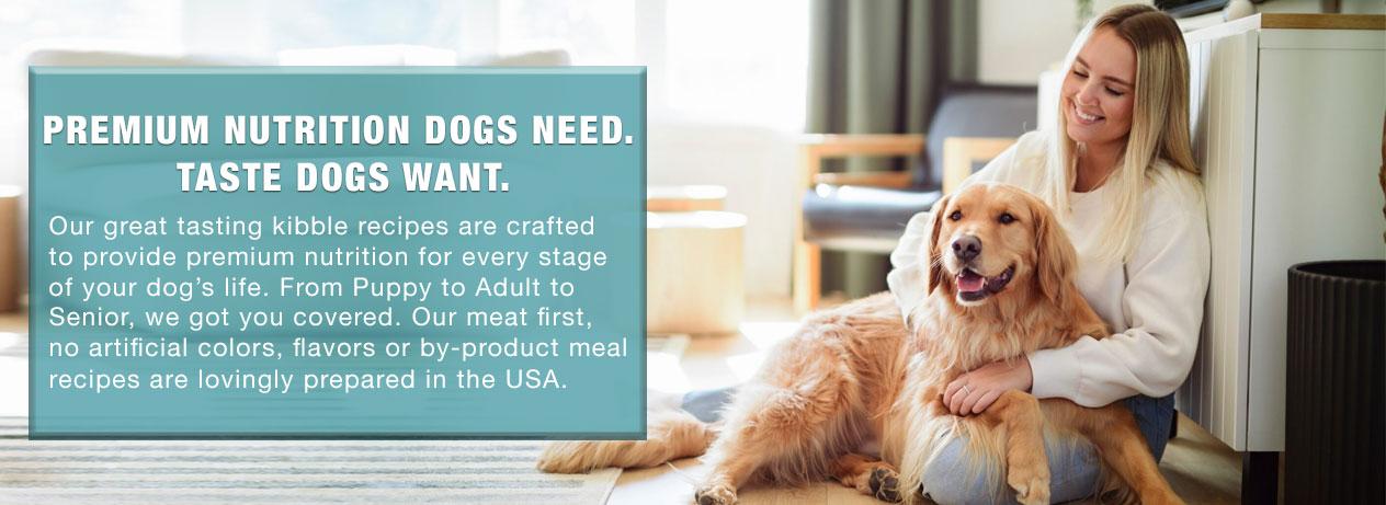 Chicken Soup for the Soul Dog Food: Premium nutrition dogs need. Taste dogs want. Smiling woman with arms around golden retriever.
