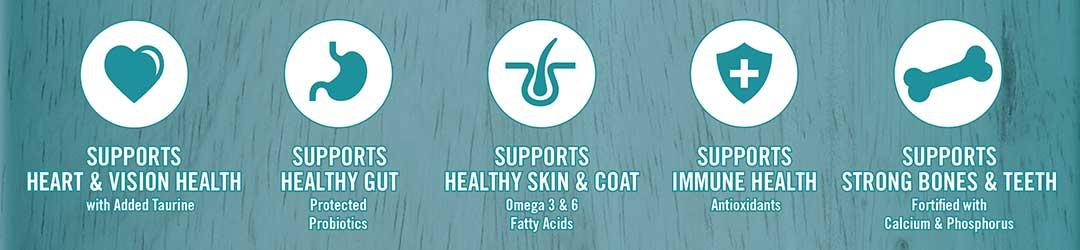 Supports heart and vision health - with added taurine. Supports healthy gut - protected probiotics. Supports healthy skin and coat - Omega 3 and 6 fatty acids. Supports immune health - antioxidants.  Supports strong bones and teeth - fortified with calcium and phosphorus.