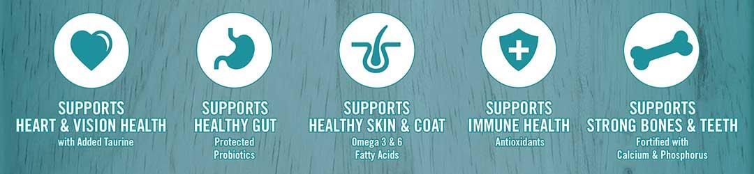 Supports heart and vision health - with added taurine. Supports healthy gut - protected probiotics. Supports healthy skin and coat - Omega 3 and 6 fatty acids. Supports immune health - antioxidants.  Supports strong bones and teeth - fortified with calcium and phosphorus.
