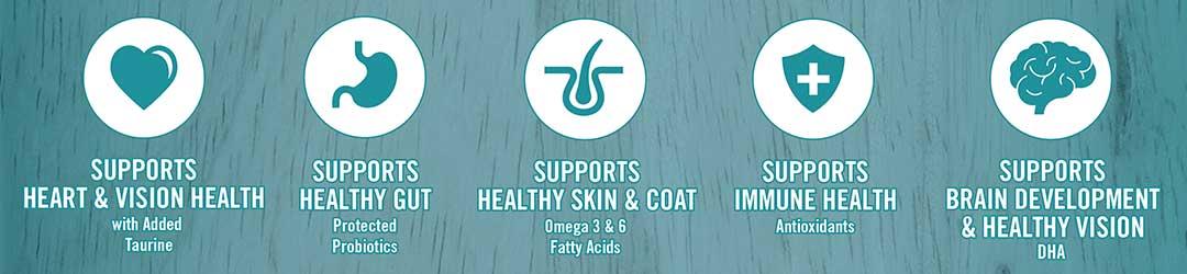 Supports heart and vision health - with added taurine. Supports healthy gut - protected probiotics. Supports healthy skin and coat - Omega 3 and 6 fatty acids. Supports immune health - antioxidants. Supports brain development and healthy vision - DHA.