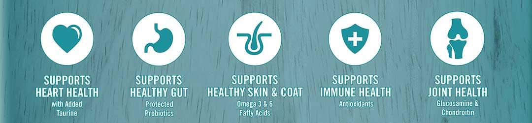 Supports heart health - with added taurine. Supports healthy gut - protected probiotics. Supports healthy skin and coat - Omega 3 and 6 fatty acids. Supports immune health - antioxidants. Supports joint health - glucosamine and chondroitin.