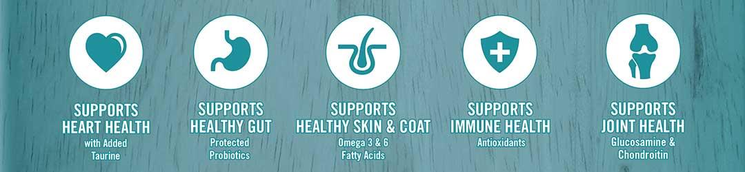 Supports heart health - with added taurine. Supports healthy gut - protected probiotics. Supports healthy skin and coat - Omega 3 and 6 fatty acids. Supports immune health - antioxidants. Supports joint health - glucosamine and chondroitin.
