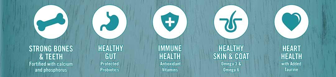 Supports strong bones and teeth - fortified with calcium and phosphorus. Supports healthy gut - protected probiotics. Supports immune health - antioxidants.  Supports healthy skin and coat - Omega 3 and 6 fatty acids. Supports heart health - with added taurine.