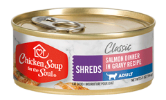 Chicken Soup for the Soul Classic Salmon Dinner in Gravy Recipe Adult Cat Food - Shreds (front of can)